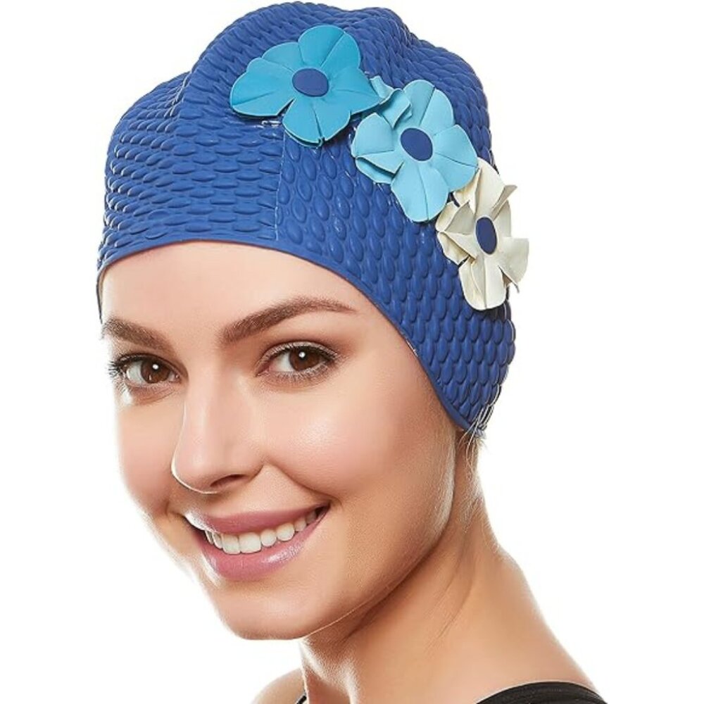 Beemo Latex Swimming Cap for Women Shield Hair from Damage - Navy/Light Blue